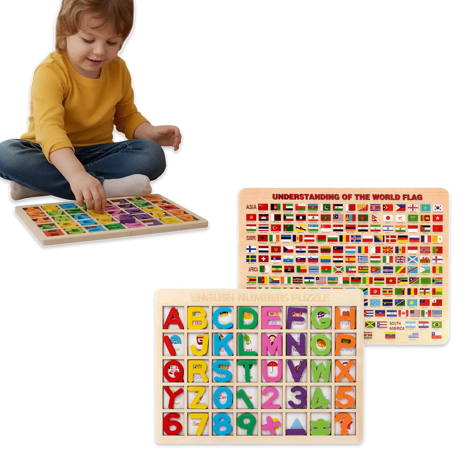 Child playing with educational wooden toys featuring letters and numbers on a white background